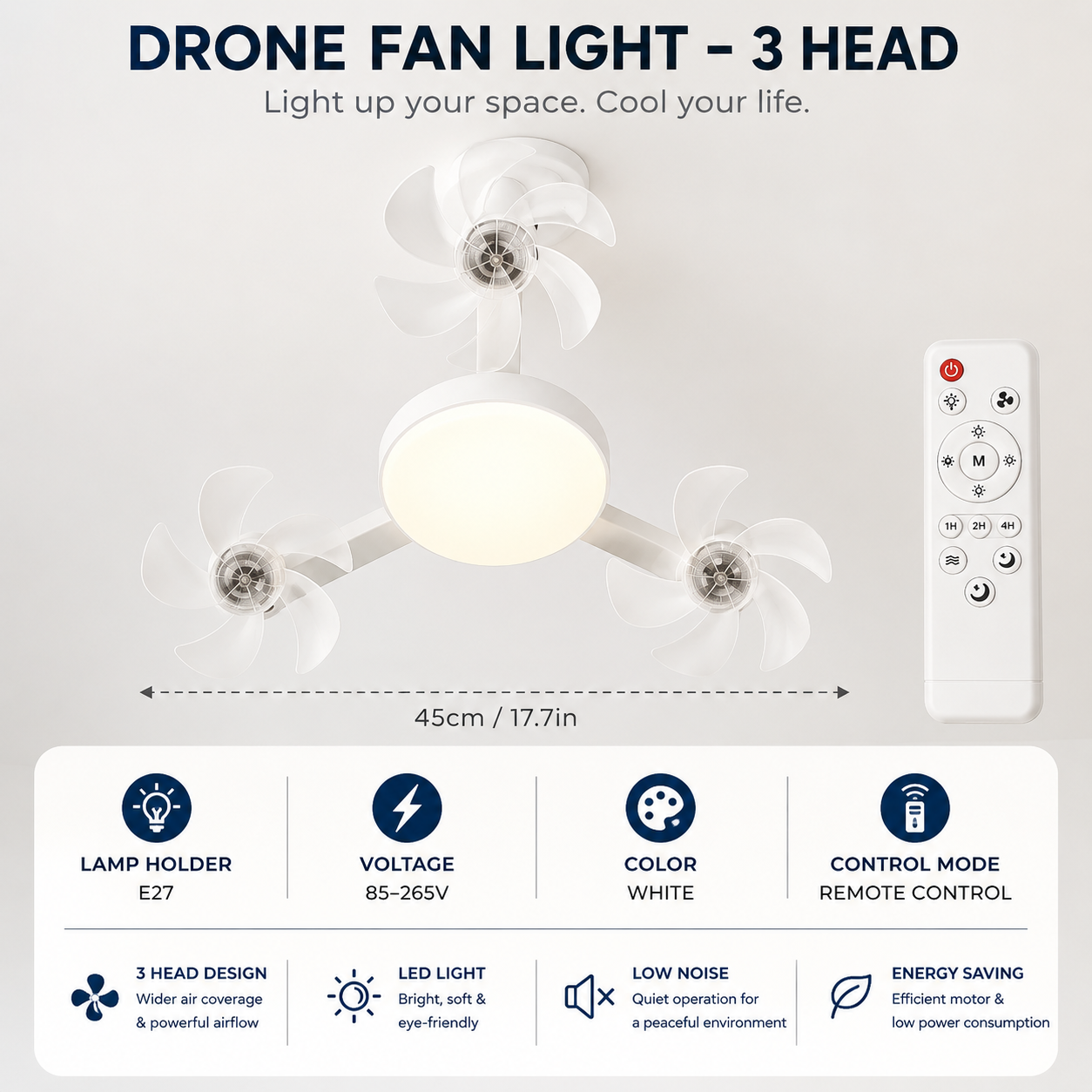 Drone Ceiling Fan Light with Remote & E27 LED